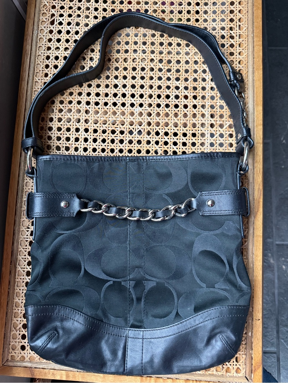 Coach Black Signature Jacquard Chain Link Shoulder Bag Crossbody